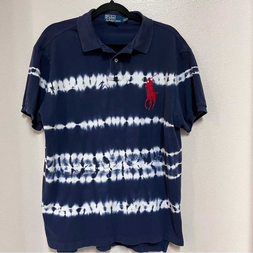 Polo Ralph Lauren Polo Shirt Mens XL Blue & White Tie-Dye Big Pony Custom Fit